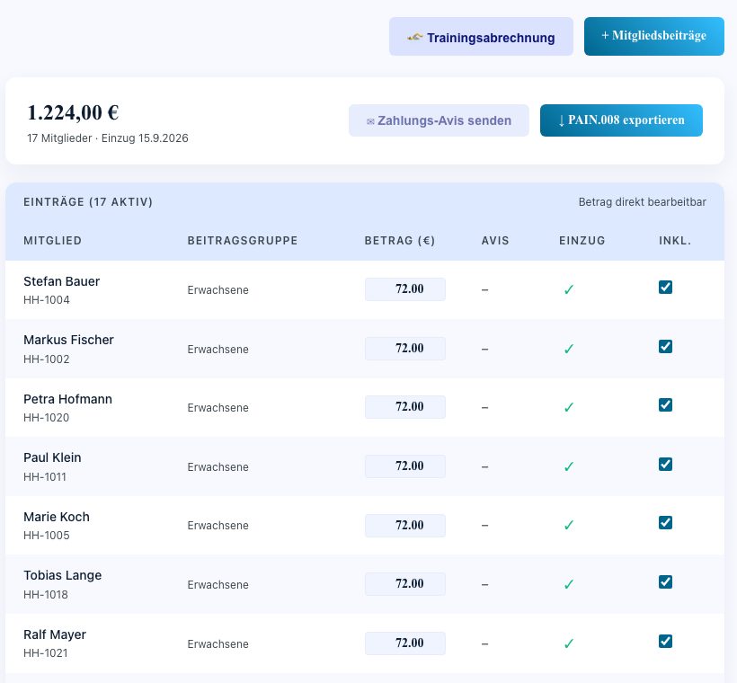 Paceflow Beitragslauf: 17 Mitglieder, 1.224 Euro, Einzug am 15.9.2026, Buttons für Zahlungs-Avis und SEPA-Export im Format PAIN.008