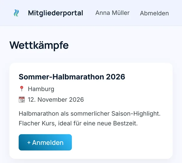 Mitgliederportal auf dem Smartphone: Wettkampf „Sommer-Halbmarathon 2026“ mit Button zum Anmelden