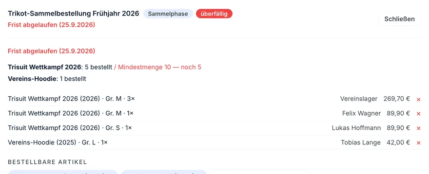 Geöffnete Trikot-Sammelbestellung mit Bestellfrist, Mindestmenge und Bestellpositionen je Mitglied und Vereinslager