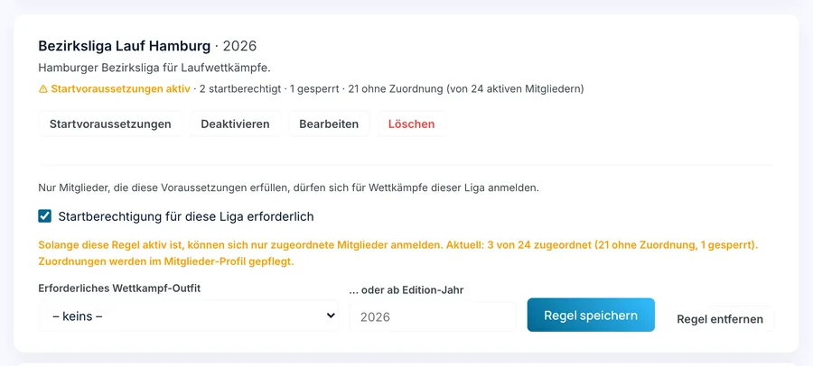 Liga „Bezirksliga Lauf Hamburg“ mit aktiver Startvoraussetzung: 2 startberechtigt, 1 gesperrt, Regel „Startberechtigung erforderlich“